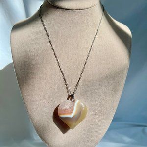 Pink Agate Quartz Stone Heart Pendant Silver Tone Dainty Chain Necklace